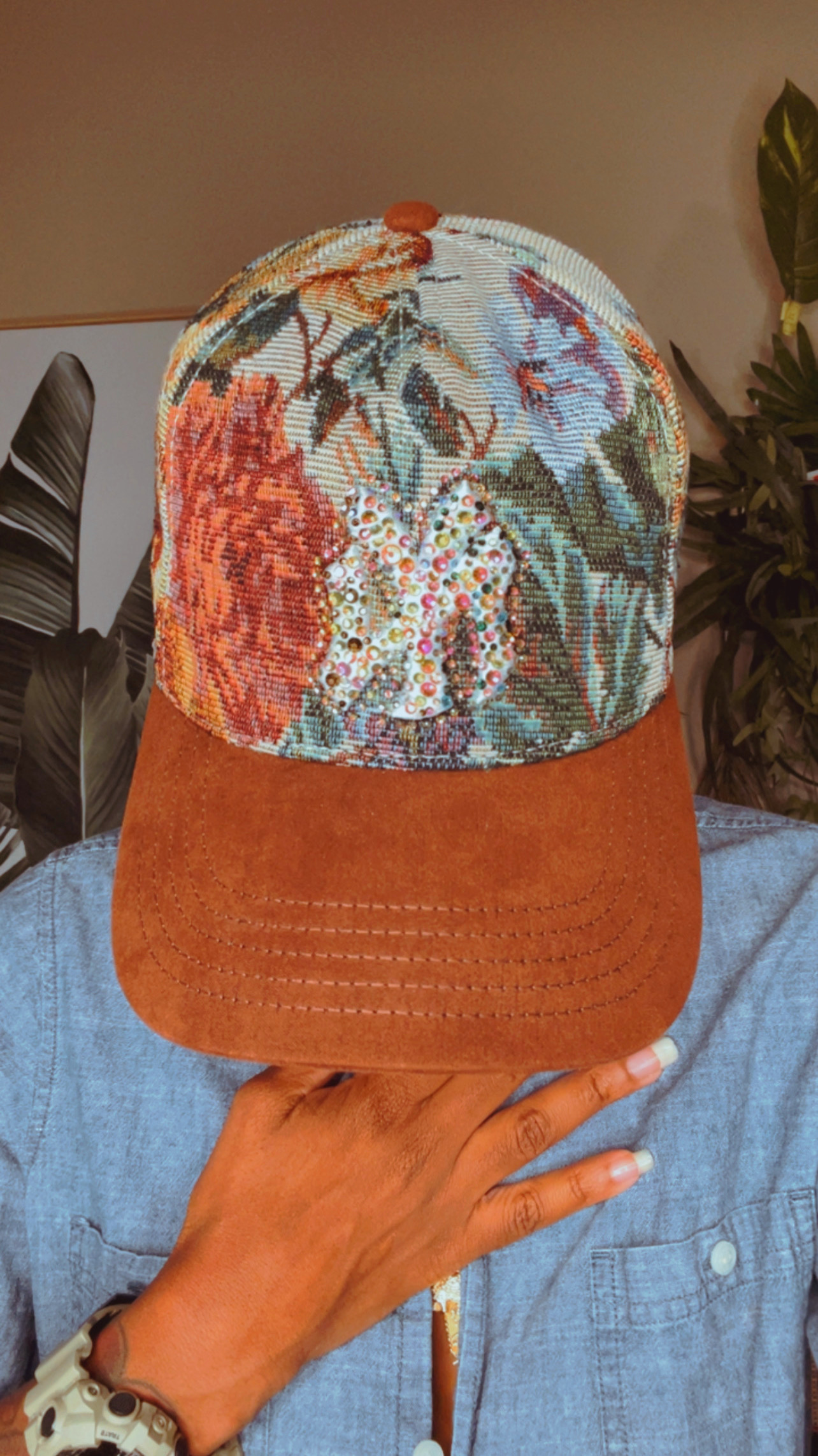 Floral textile cap worn as a styled look by NoCapChaos.